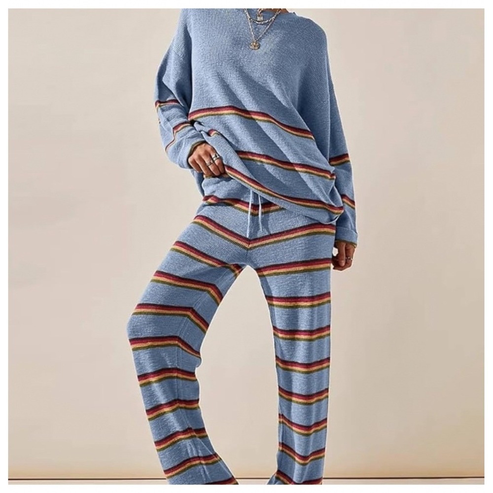 Free People Beach Mariner Knit Sweater Pants Matching Set XS Blue Striped Lounge